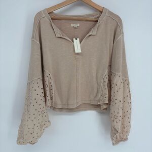 Anthropologie Blouse Cream Eyelet Bubble Sleeve V Neck Pilcro Size M